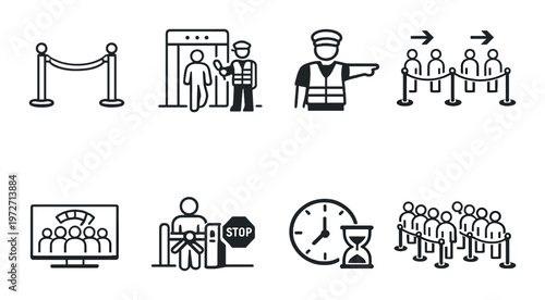 Security checkpoint and queue control icons on gray background