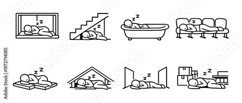 Person sleeping in various indoor places including stairs and bathtub