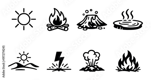 Environmental and natural hazard icons on dark background