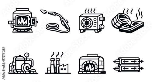 Industrial heating and furnace icons on dark gradient