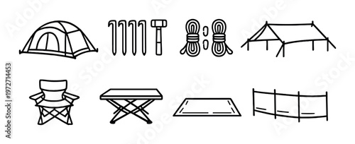 Camping equipment arranged in grid on dark background