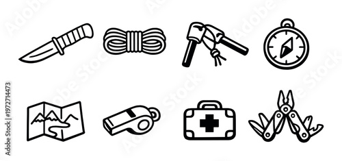 Survival tools arranged in grid on dark background