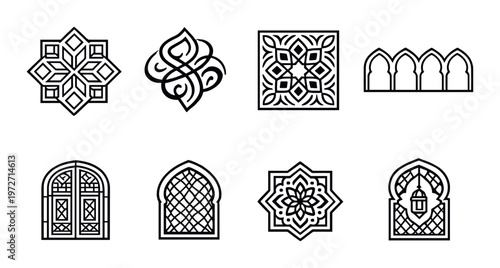 Geometric islamic patterns and window motifs on gray background