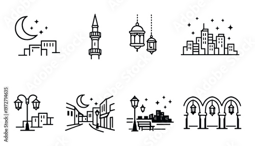 Night city icons with minaret lanterns and street scenes