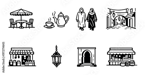 Marketplace and cafe icons showing tea, stalls and local street scenes