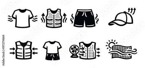 Cooling garments and accessories depicted with airflow icons