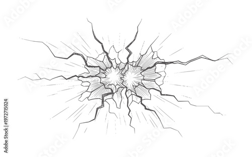 Black ink of a double explosion with radiating cracks and lines blast impact damage