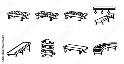 Conveyor belt and roller system icons on dark background