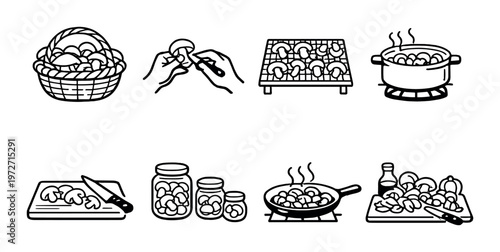 Mushroom preparation and cooking icons arranged on dark panel