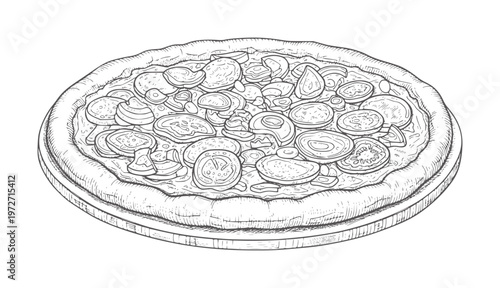 Hand drawn pizza with tomato and mushroom toppings wooden board food