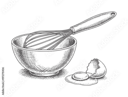 Hand drawn whisk in bowl with cracked egg and yolk