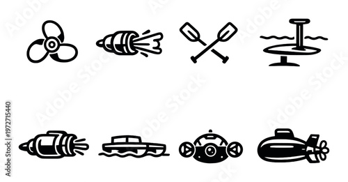 Marine and boating icons arranged in grid on dark background