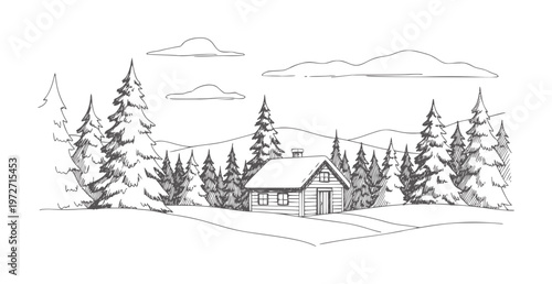 Hand drawn winter cabin nestled among pine trees with snow covered hills