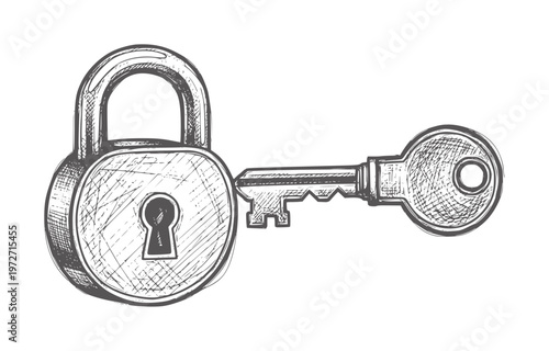 Of a padlock with a key inserted into its lock security unlock