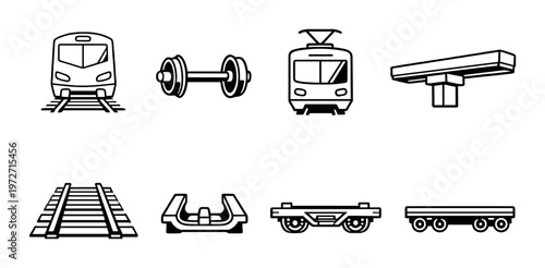 Train and rail components depicted as icons on grey background