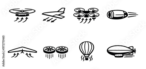 Aerial vehicle and aircraft icons arranged in grid on dark background