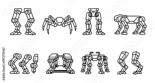 Robotic leg and walker components displayed in grid on dark background