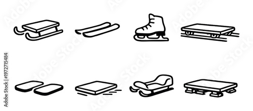 Winter sled and skating equipment icons arranged on dark backdrop