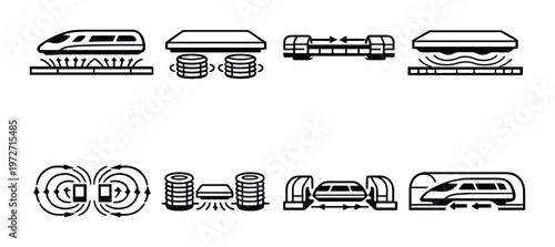 Magnetic levitation train modules and schematic icons on panel