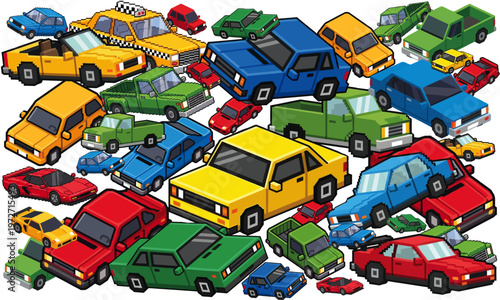 A large collection of various colorful cars and trucks are parked together in a messy arrangement on a flat surface outdoors.