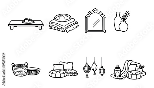 Home decor items arranged in grid on dark studio background