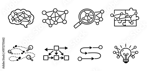 Network analysis and process icons arranged on dark background
