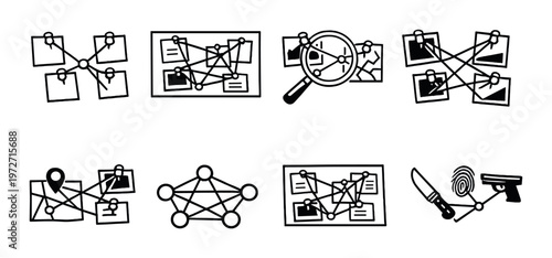 Investigative evidence board icons displayed on dark background