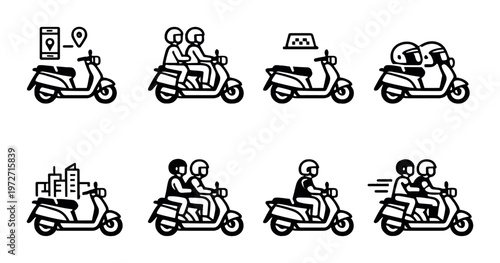 Scooters with riders and helmet icons showing urban transport context