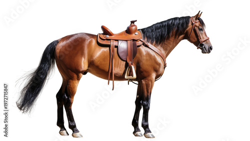Tableau sur toile Isolated brown horse with western saddle and bridle standing still, ready for ri