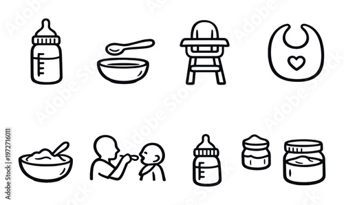 Baby feeding icons arranged in two rows on gray background