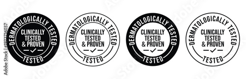 Four circular seals with text proclaiming clinical testing and validation presented in varying shades silhouette high quality professional detailed modern elegant stylish clean