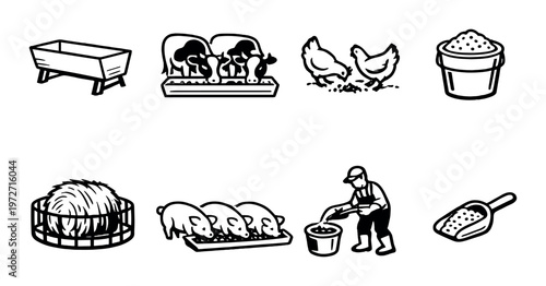 Farm animals feeding with farmer and feed equipment in barn