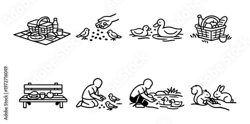 People feeding birds and small animals in park picnic setting