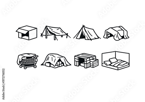 Various improvised shelters and sleeping setups on white background