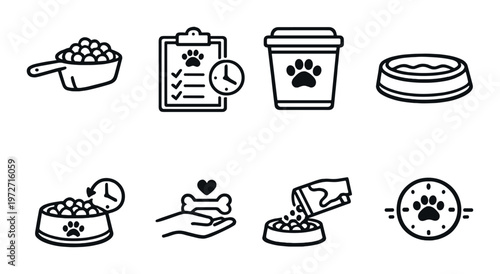 Pet food icons showing feeding items and schedule on dark background