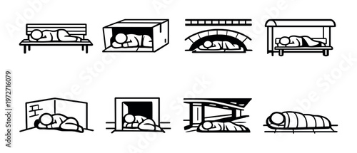 People sleeping in improvised outdoor shelters and public spaces