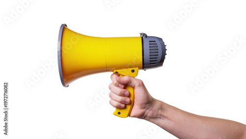 Foto Isolated human hand gripping a vibrant yellow megaphone, ideal for making announ