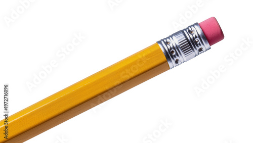 Photography Isolated new classic yellow wooden pencil with a pink rubber eraser on the end f