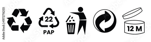 A collection of five black recycling symbols and a person in a trashcan shown as a silhouette high quality professional detailed modern elegant