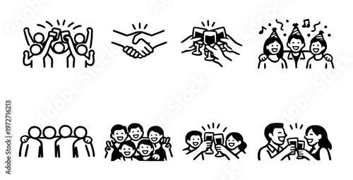 Group icons celebrating, toasting and socializing on dark background