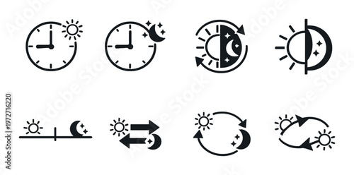 Clock icons showing day night cycle and switching on dark background