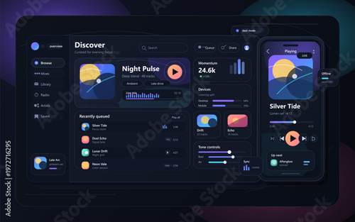 Modern dark music streaming app interface with desktop dashboard and mobile player screens, featuring playlists, queue controls, audio stats, and neon media widgets in a premium UI layout.