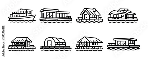 Houseboats and floating homes along water on gray background