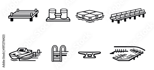Marine dock and mooring equipment icons on gray background