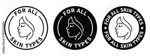 For All Skin Types Label Icon Set – Face Beauty Skincare Packaging Symbols for Cream, Toner, Moisturizer, Facial Mask, Lotion, Logo Badge, Black Line Vector Isolated on White Background