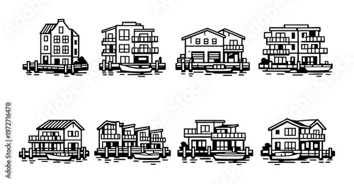 Row of waterfront multi story houses and apartment docks