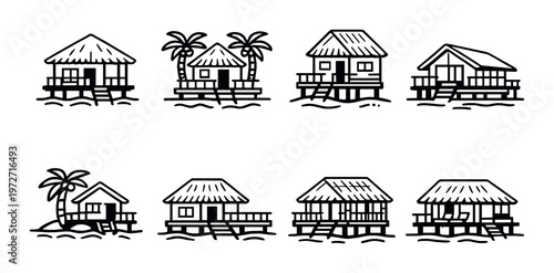 Stilt houses and overwater bungalows with palm trees