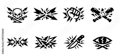Violent symbols and weapons icons with shattered elements