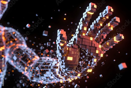 Digital human hand made of cubes with data network	