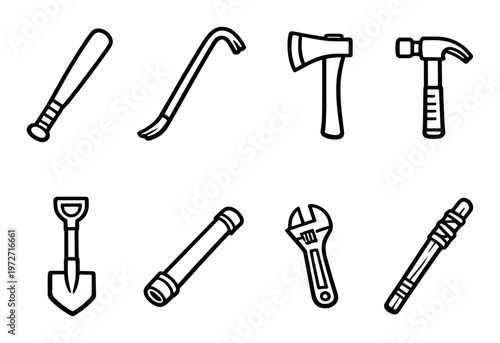 Hand tools and pry implements icons on dark background